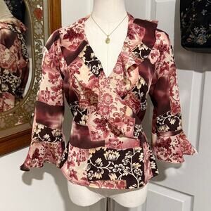 VTG Y2K Focus Mates Pink & Dark Brown Floral Patchwork Bell Sleeve Wrap Top M